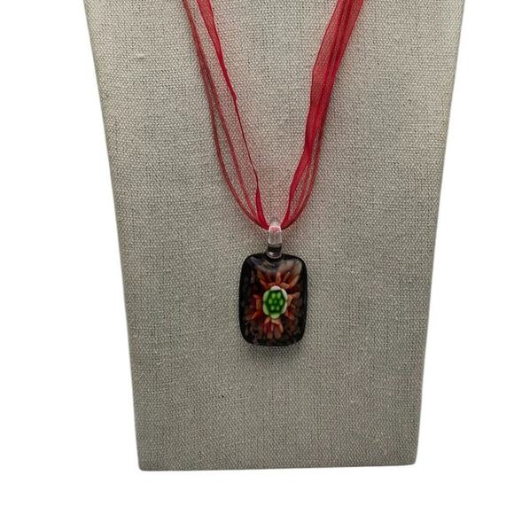 Red Ribbon Cord Flower Art Glass Pendant Necklace - Picture 3 of 6